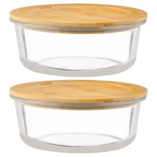 B&M Round Glass Food Containers With Bamboo Lid 2pk 3 B&M Round Glass Food Containers With Bamboo Lid 2pk