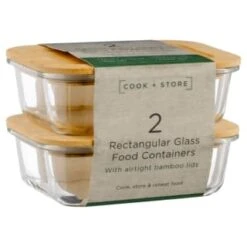 B&M Rectangular Glass Food Containers With Bamboo Lids 2pk -Home Accessories Store 376824 2pk regular glass food containers1