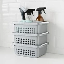 Set Of 3 Storage Stacking Baskets - Grey