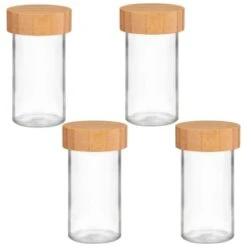 B&M Set Of 4 Glass Spice Jars With Bamboo Wood Base -Home Accessories Store 394437 set of 4 glass spice jars with bamboo wood lid and base group